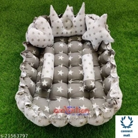 Pink Unique Newborn Baby Round Tub Bedding Set, Reversible Bed Set Cum Mattress with 3 Multi Shape Pillows for Newborn to Toddlers ( Blue& Sky Blue) - Free Size, Grey & White